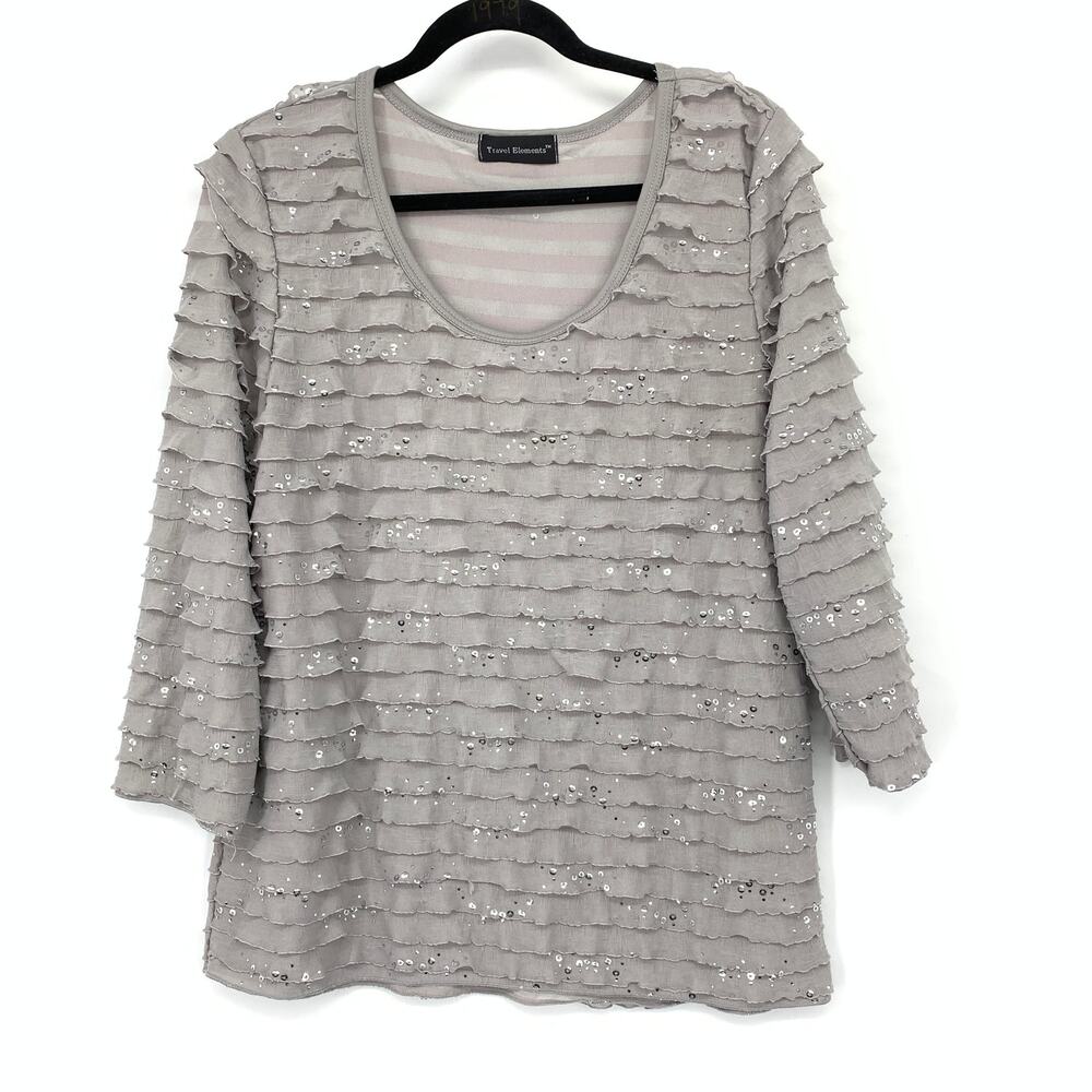 Travel Elements Tiered Ruffle Women's 3/4 Top L Gray Layered Scoop Neck Shimmer
